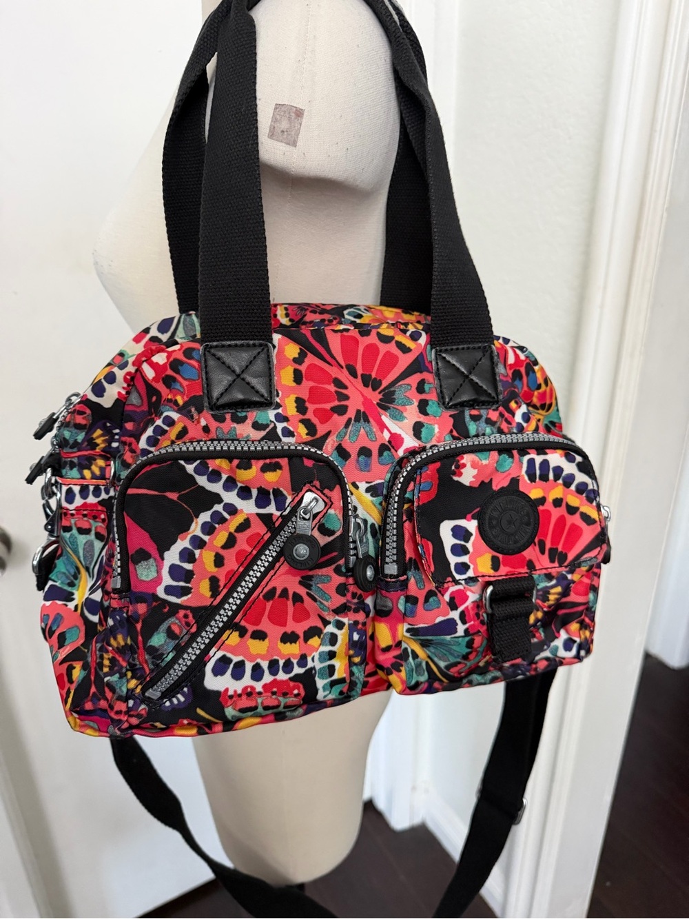 Kipling Multicolor Butterfly-Print Crossbody Tote with Black Straps